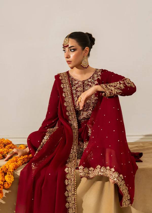 Parti Wear Red Sharara Suit With Sequence & Moti Work
