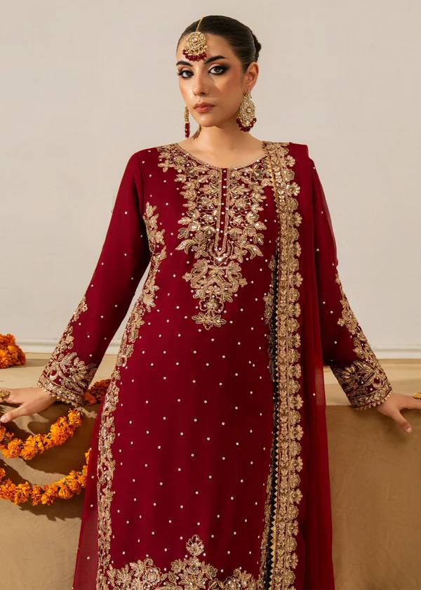 Parti Wear Red Sharara Suit With Sequence & Moti Work