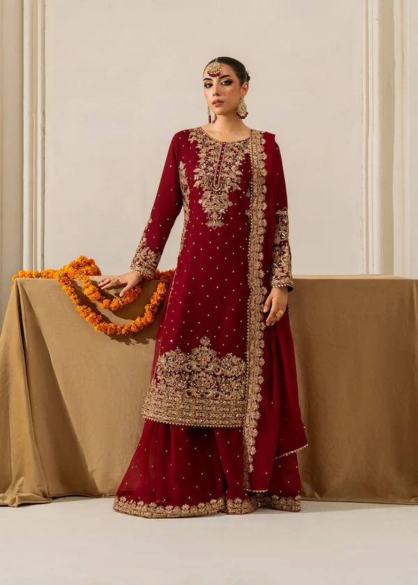 Parti Wear Red Sharara Suit With Sequence & Moti Work