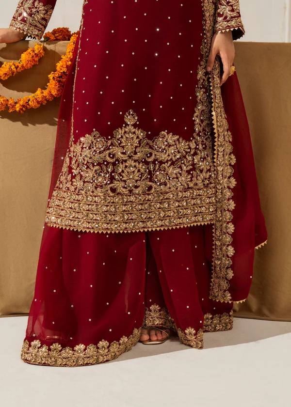 Parti Wear Red Sharara Suit With Sequence & Moti Work