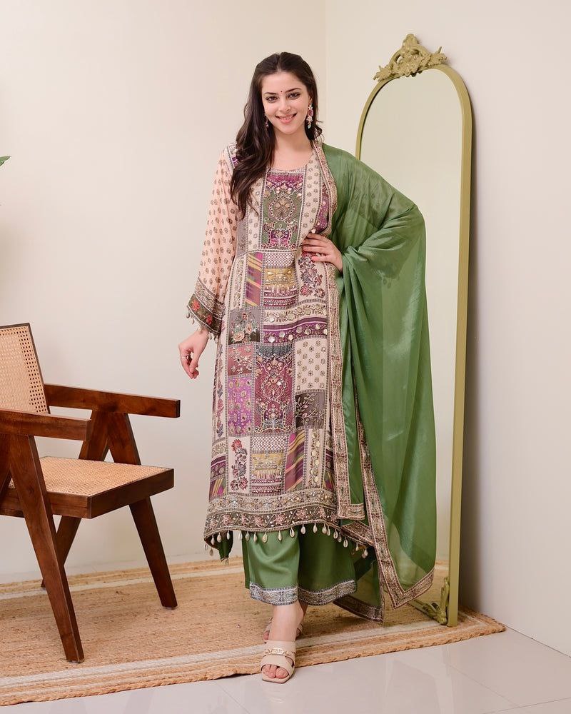 Chinon Silk Kurta Sharara Set with Sequins Embroidery Work for Women