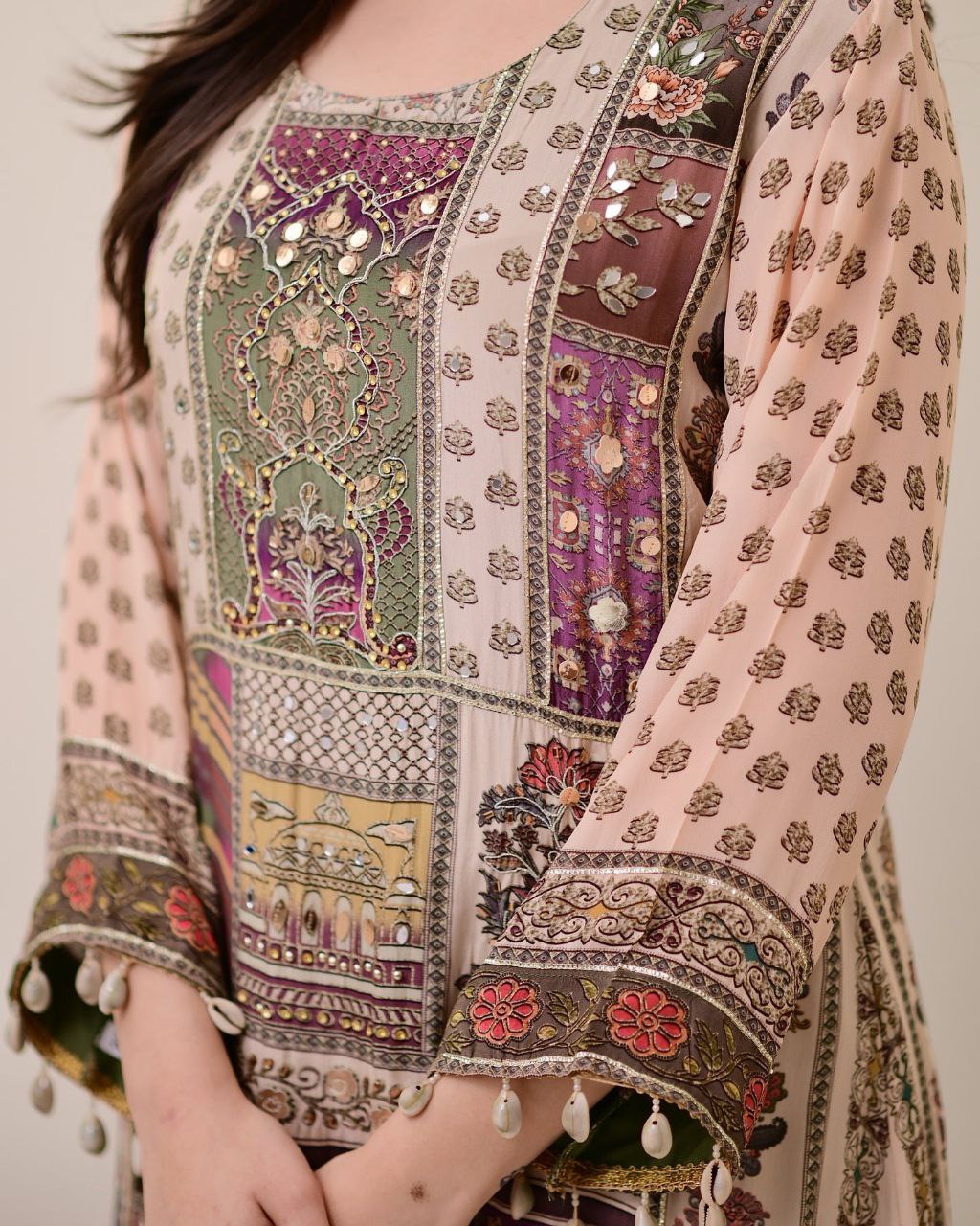 Chinon Silk Kurta Sharara Set with Sequins Embroidery Work for Women