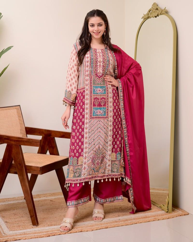 Chinon Silk Kurta Sharara Set with Sequins Embroidery Work for Women
