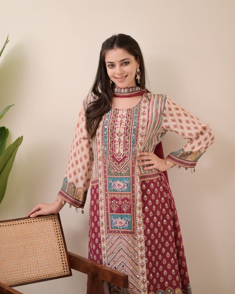 Chinon Silk Kurta Sharara Set with Sequins Embroidery Work for Women