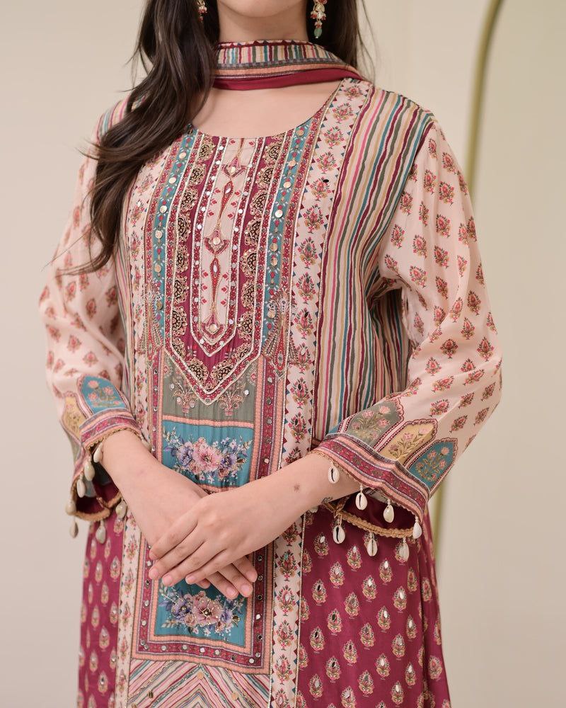 Chinon Silk Kurta Sharara Set with Sequins Embroidery Work for Women