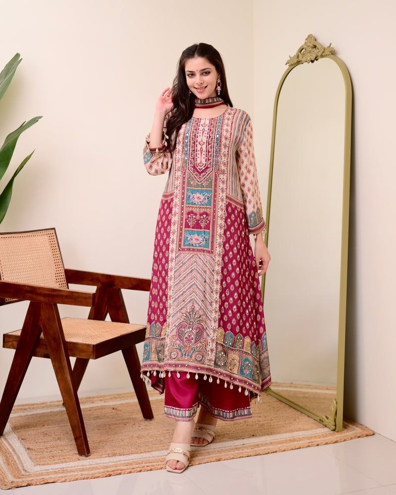 Chinon Silk Kurta Sharara Set with Sequins Embroidery Work for Women