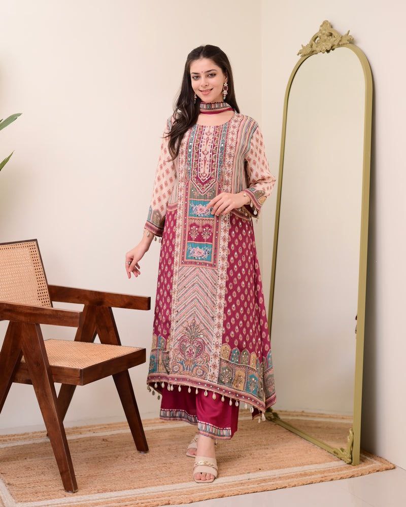 Chinon Silk Kurta Sharara Set with Sequins Embroidery Work for Women