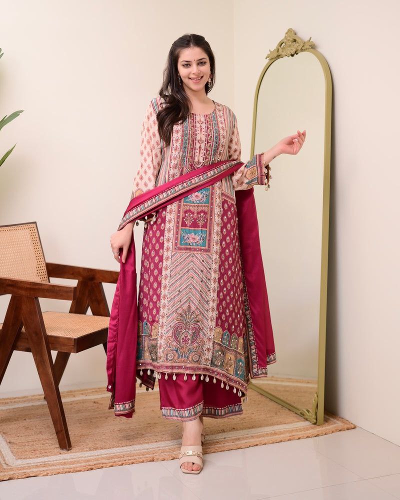 Chinon Silk Kurta Sharara Set with Sequins Embroidery Work for Women