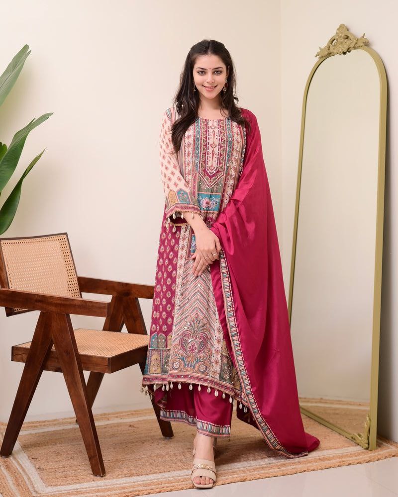 Chinon Silk Kurta Sharara Set with Sequins Embroidery Work for Women