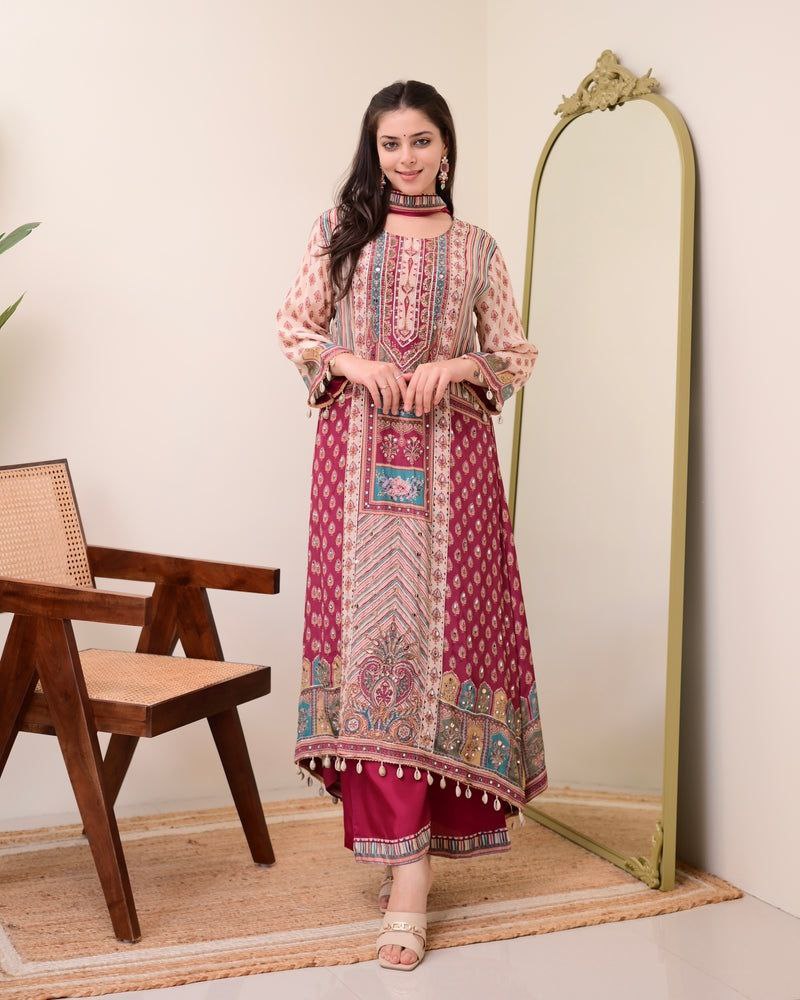 Chinon Silk Kurta Sharara Set with Sequins Embroidery Work for Women