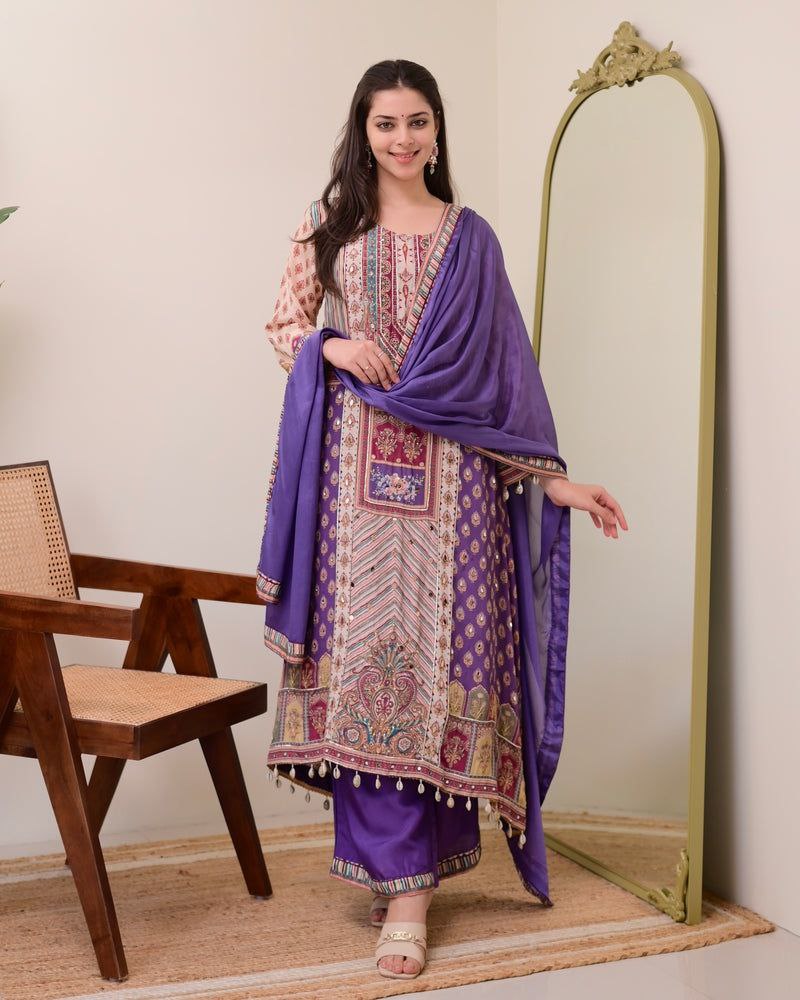 Chinon Silk Kurta Sharara Set with Sequins Embroidery Work for Women