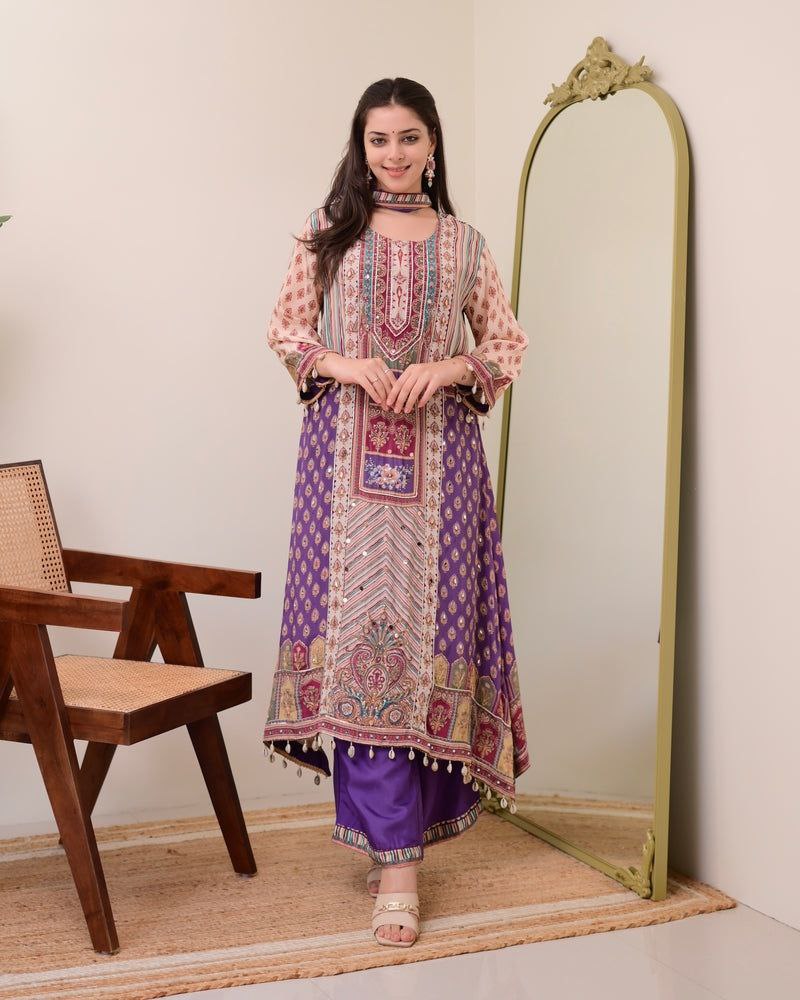 Chinon Silk Kurta Sharara Set with Sequins Embroidery Work for Women