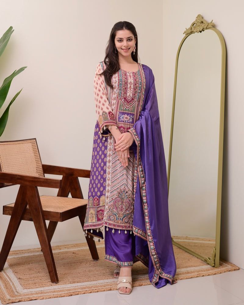 Chinon Silk Kurta Sharara Set with Sequins Embroidery Work for Women