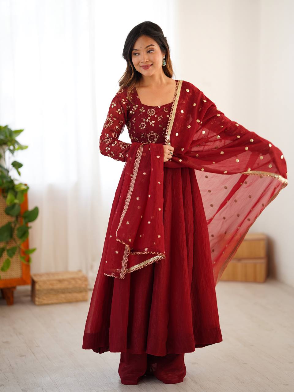 Red Crunchy Silk Anarkali Gown Full Flair Lace Border With Pant & Duppatta