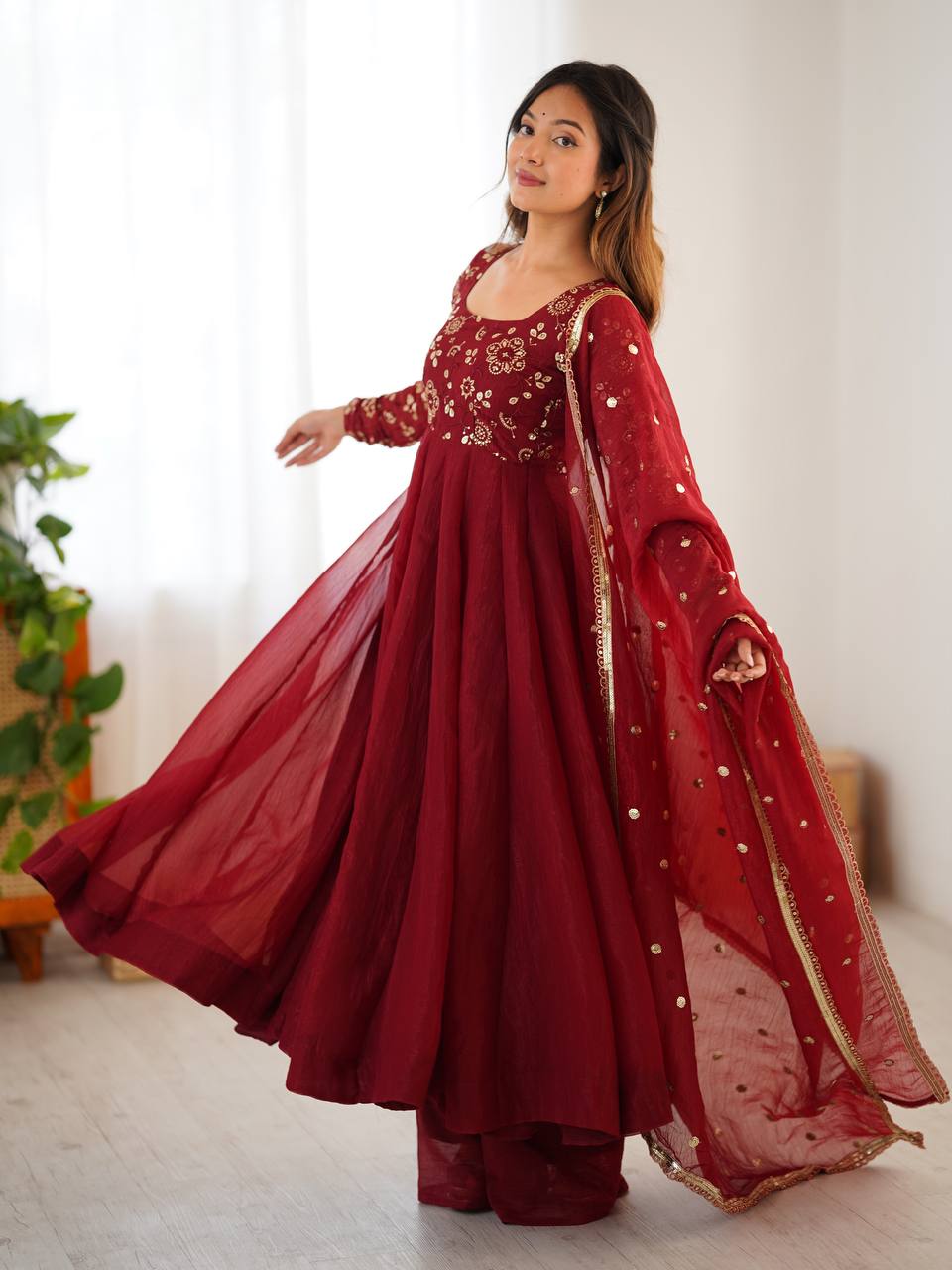 Red Crunchy Silk Anarkali Gown Full Flair Lace Border With Pant & Duppatta