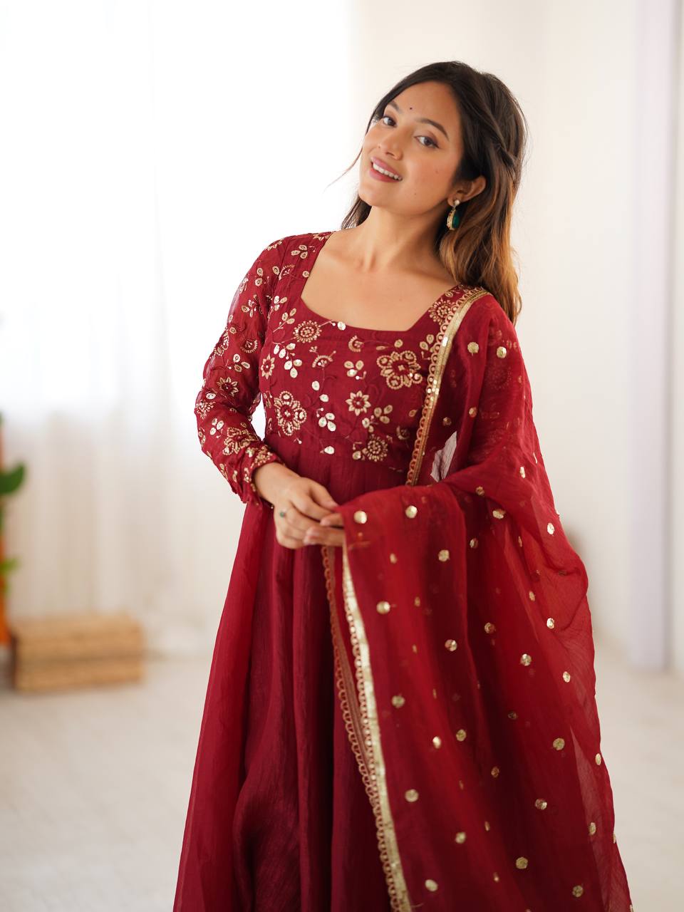 Red Crunchy Silk Anarkali Gown Full Flair Lace Border With Pant & Duppatta