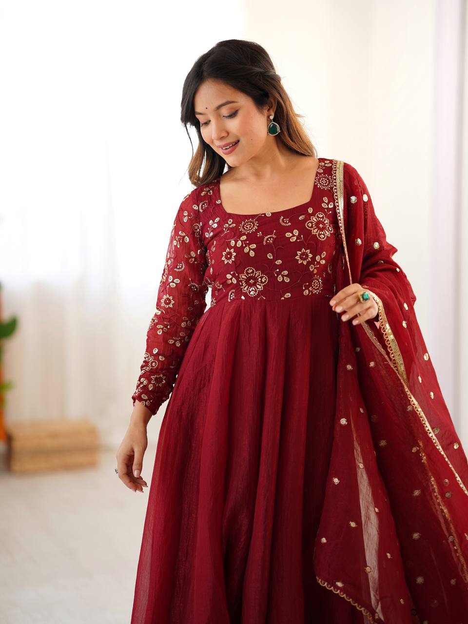 Red Crunchy Silk Anarkali Gown Full Flair Lace Border With Pant & Duppatta