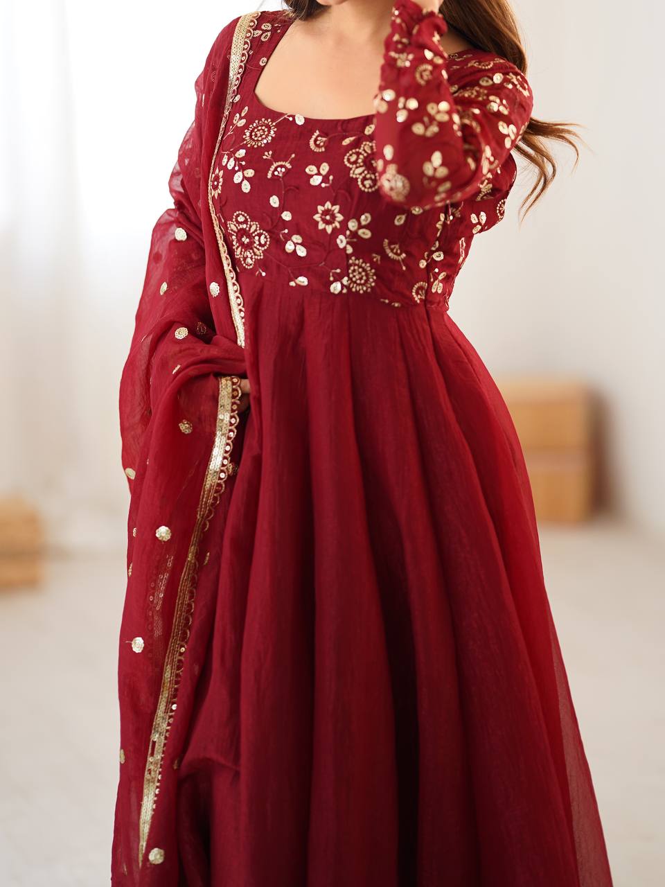 Red Crunchy Silk Anarkali Gown Full Flair Lace Border With Pant & Duppatta