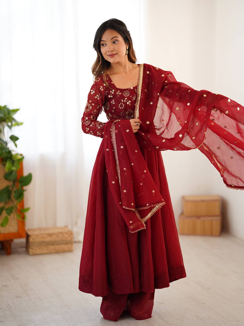Red Crunchy Silk Anarkali Gown Full Flair Lace Border With Pant & Duppatta