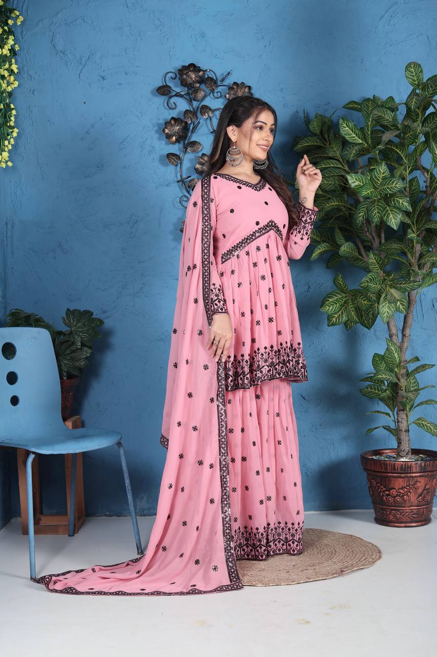 Pink Georgette Sharara Suit WIth Embroidery & Sequence Work