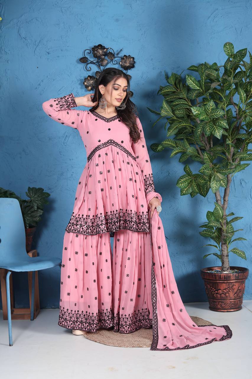 Pink Georgette Sharara Suit WIth Embroidery & Sequence Work