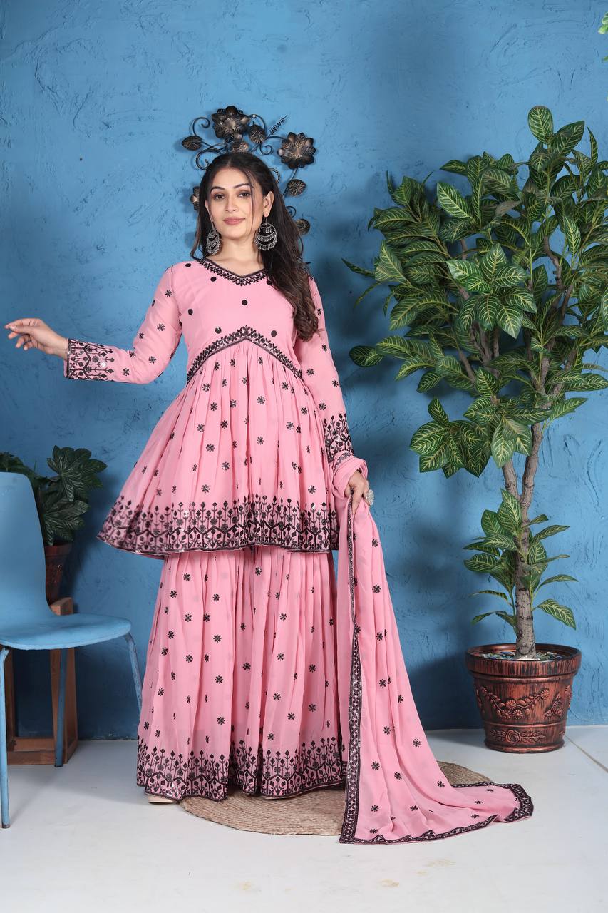 Pink Georgette Sharara Suit WIth Embroidery & Sequence Work
