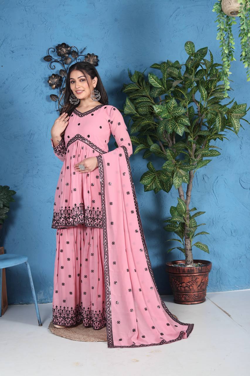 Pink Georgette Sharara Suit WIth Embroidery & Sequence Work