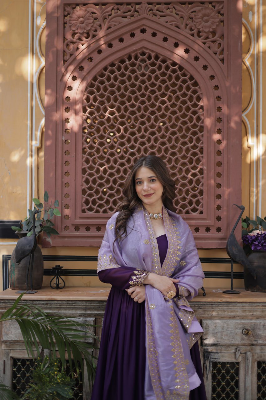 Premium Zari & Sequins Embroidered Gown with Gold Crush Dupatta