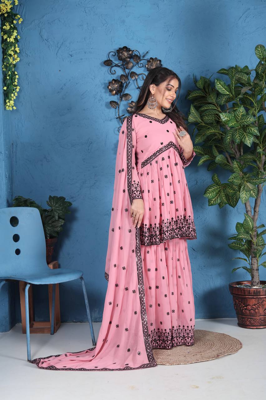 Pink Georgette Sharara Suit WIth Embroidery & Sequence Work