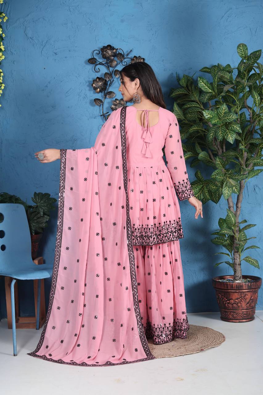 Pink Georgette Sharara Suit WIth Embroidery & Sequence Work