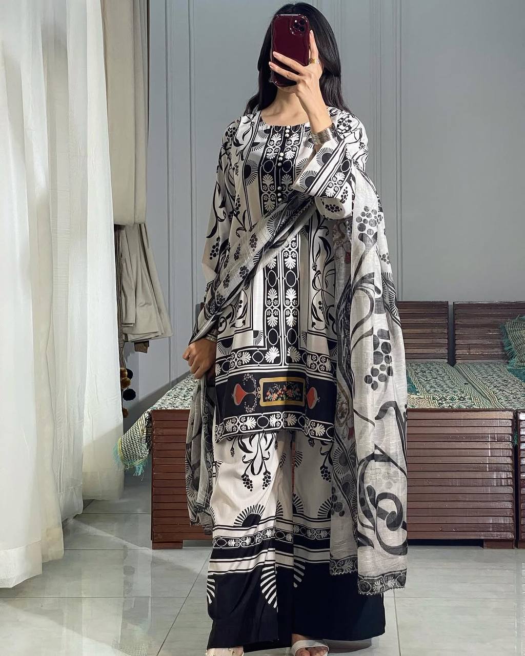 Black & White Designer Farsi Salwar Suit WIth Chiffon Duppatta Suit set