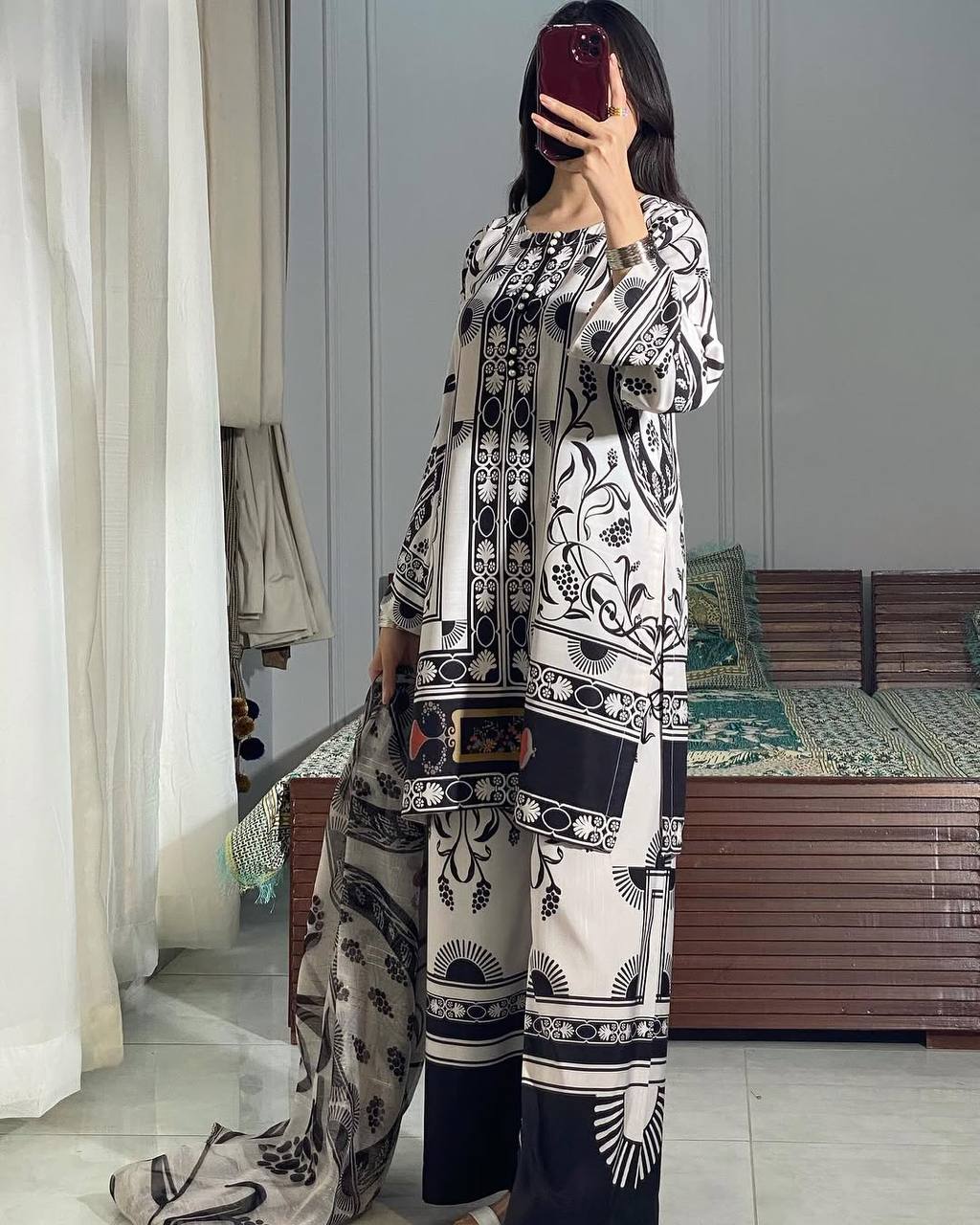 Black & White Designer Farsi Salwar Suit WIth Chiffon Duppatta Suit set