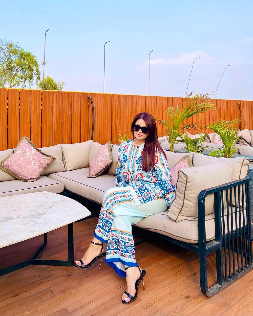 White & Blue Digital Printed Designer Farsi  Suit WIth Chiffon Duppatta Suit set