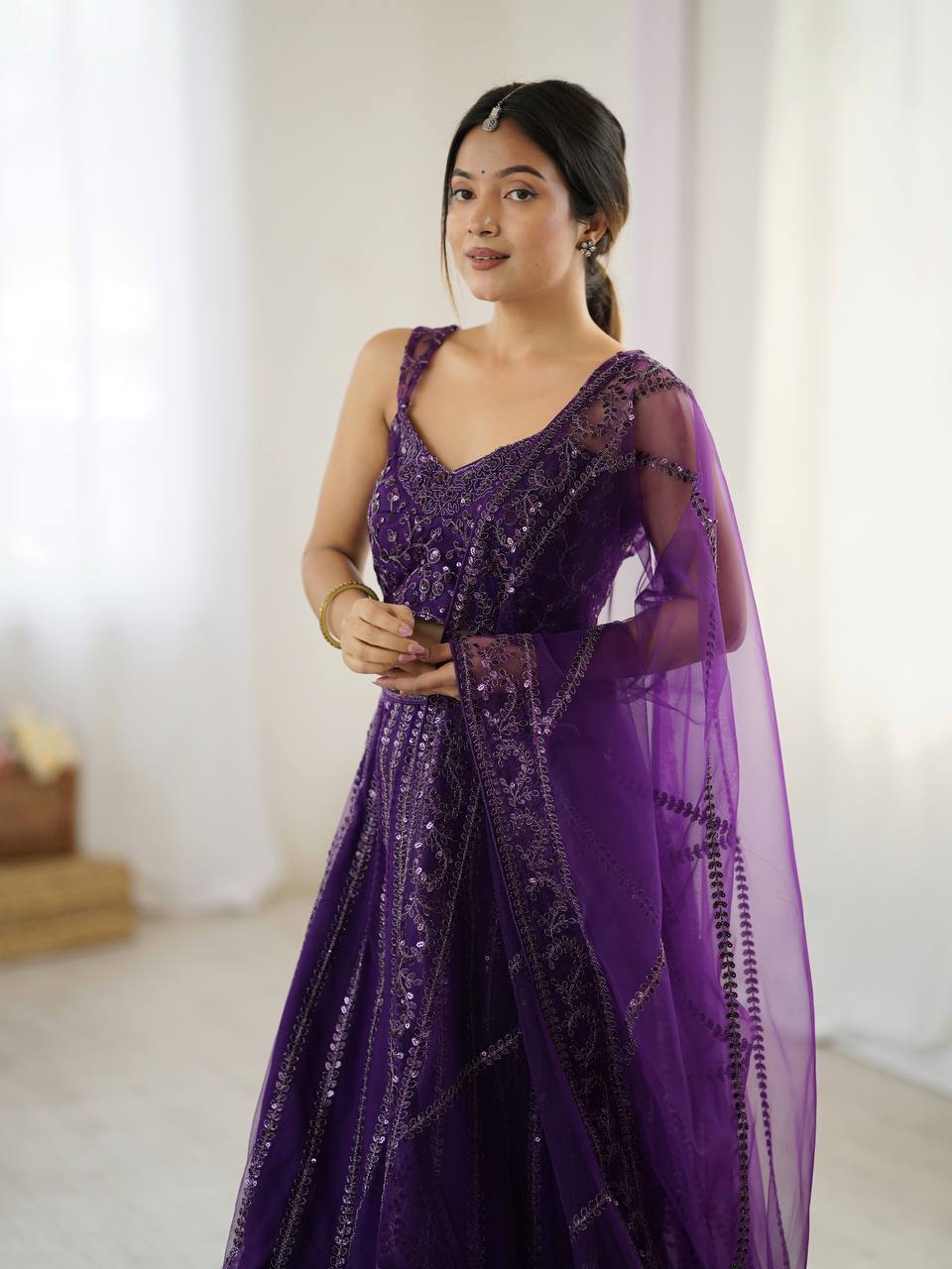 Party Wear Purple Soft Net Lehanga With  Sequins And Dori Embroidery