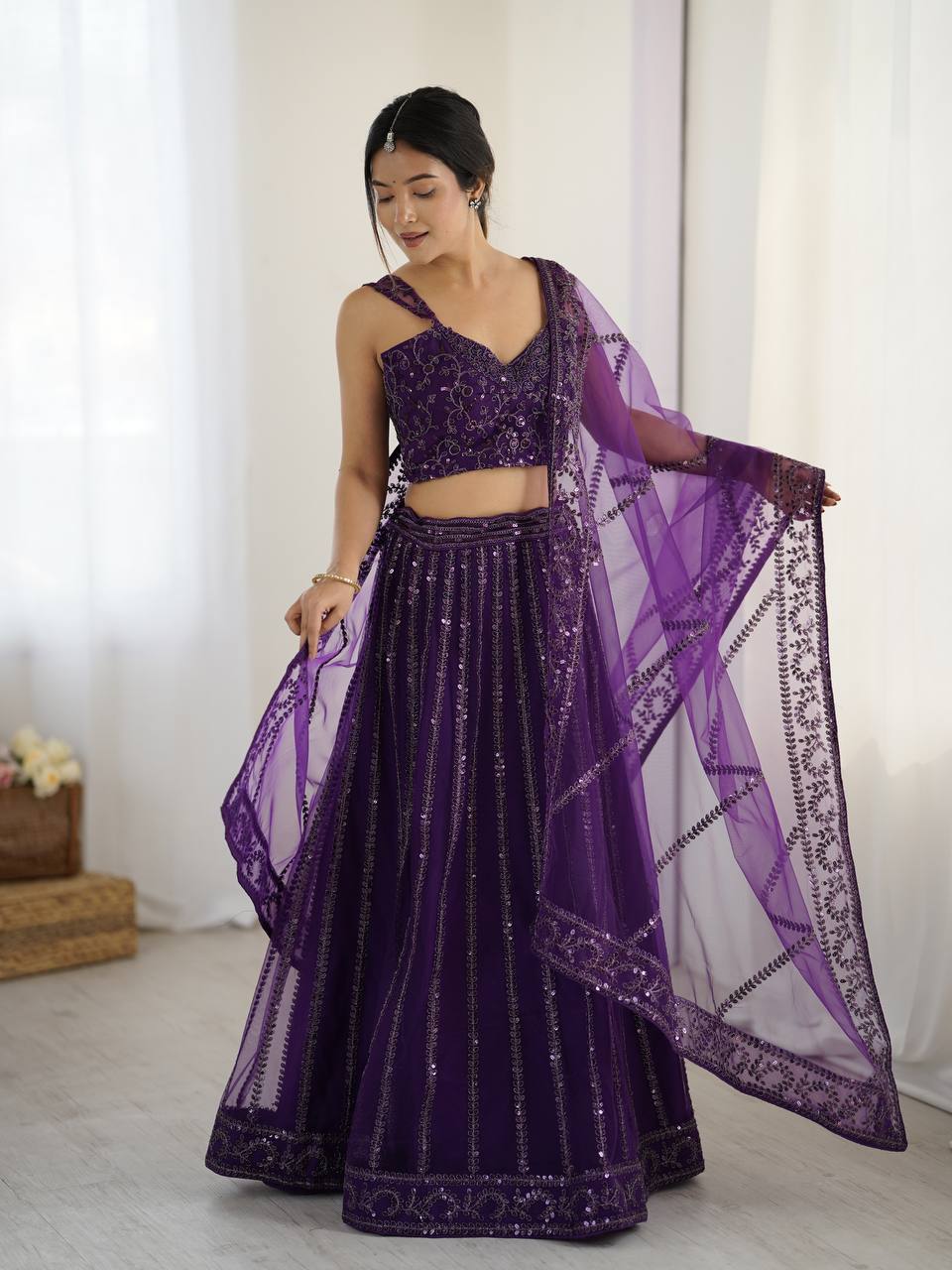 Party Wear Purple Soft Net Lehanga With  Sequins And Dori Embroidery