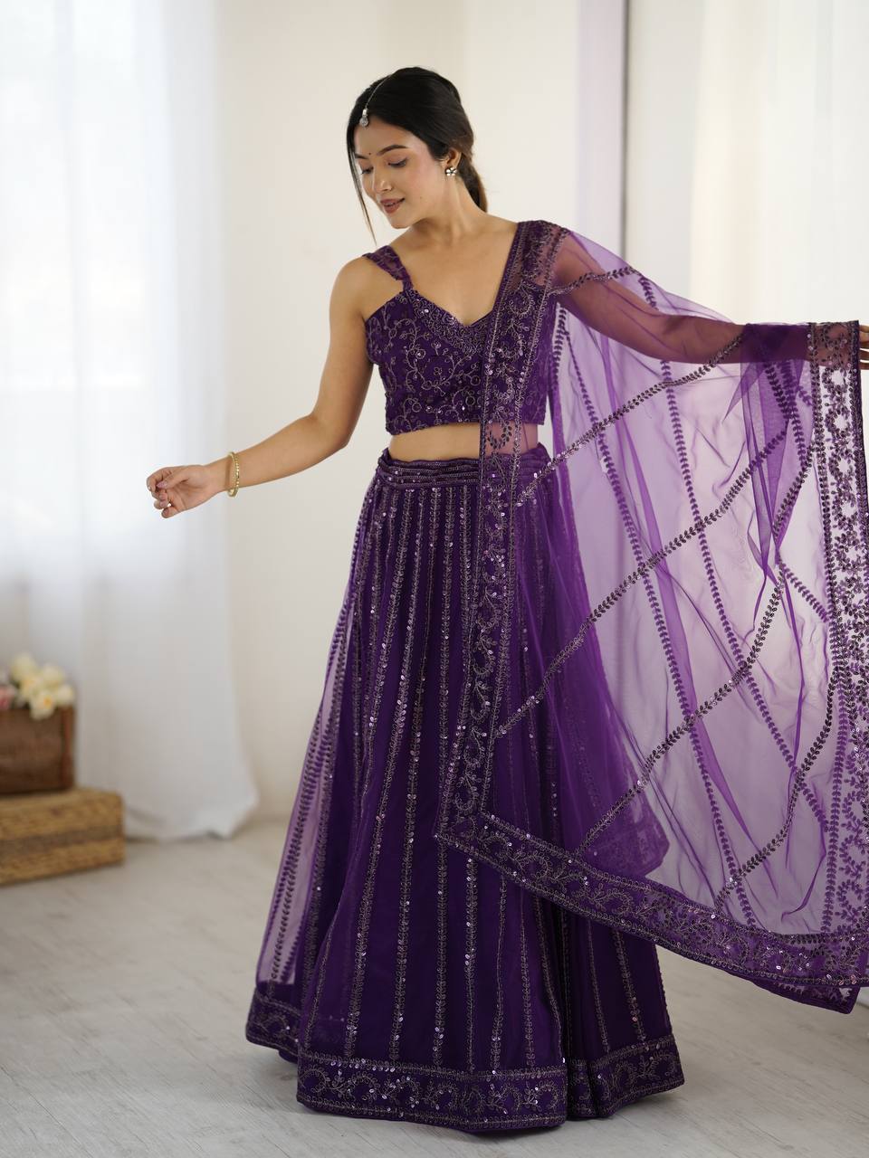Party Wear Purple Soft Net Lehanga With  Sequins And Dori Embroidery