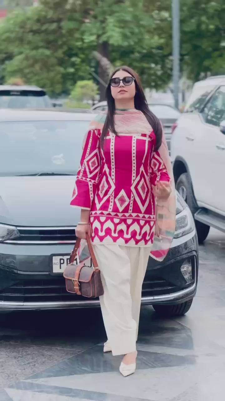 Pink & White Designer Farsi Salwar Suit WIth Chiffon Duppatta Suit set