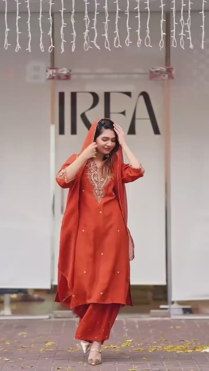 Chinon Silk Salwar Kameez  Suit Set with Sequence & Zari Coding Work Orange& Green